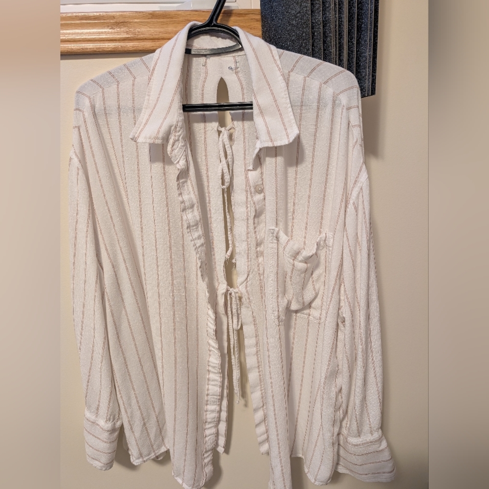 Relaxed Cream Striped Button-Down Shirt with Tie Back